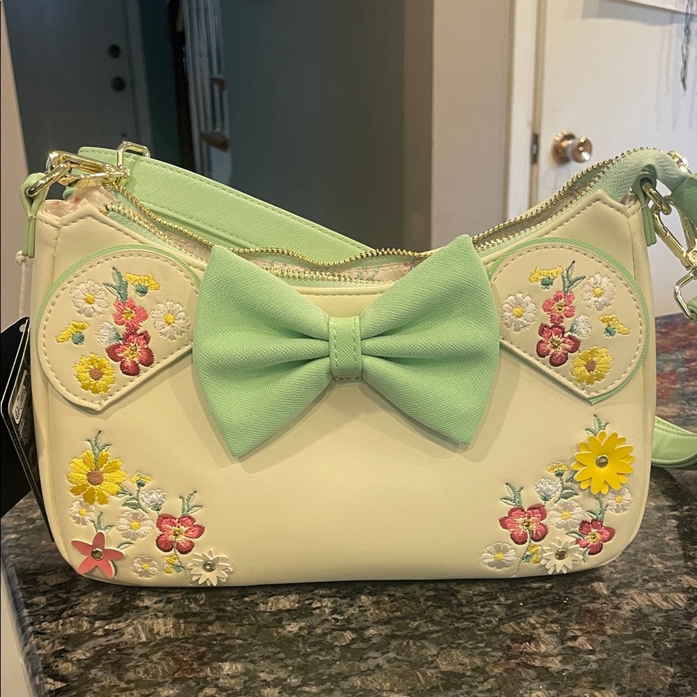 Loungefly Minnie Mouse embroidered Cream and Mint Floral Crossbody Bag